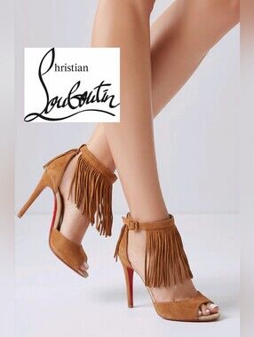 Auth! Christian Louboutin Suede Pumps Heels Peep-Toes Fringe 7.5 4.5"
